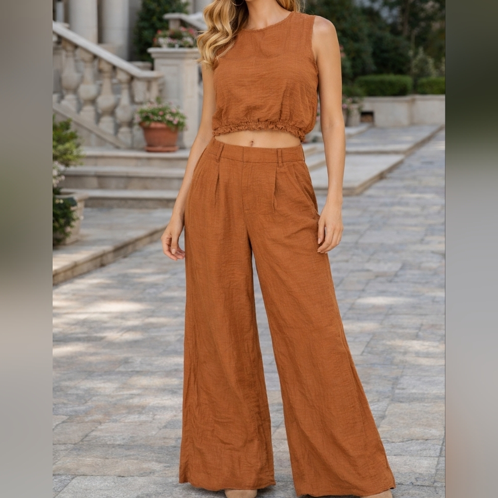 Top And Pants Set Brown Wide Leg Crop Top Tan Brown Orange Burnt XS S 2 A New Da - Picture 2 of 8